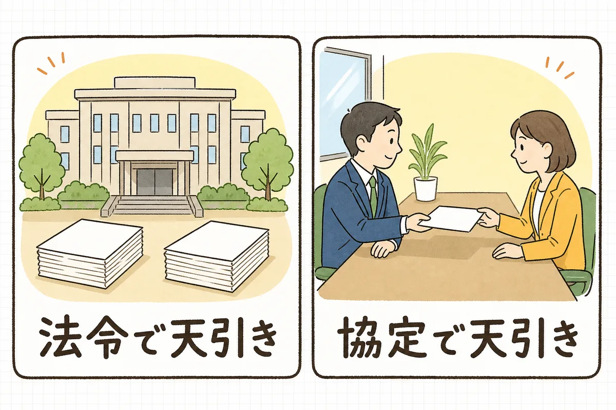 給与から天引きできるものを、役所に納める税金・社会保険料のグループと、会社と従業員代表が協定書を交わして決めたグループの2つに分けて示した図