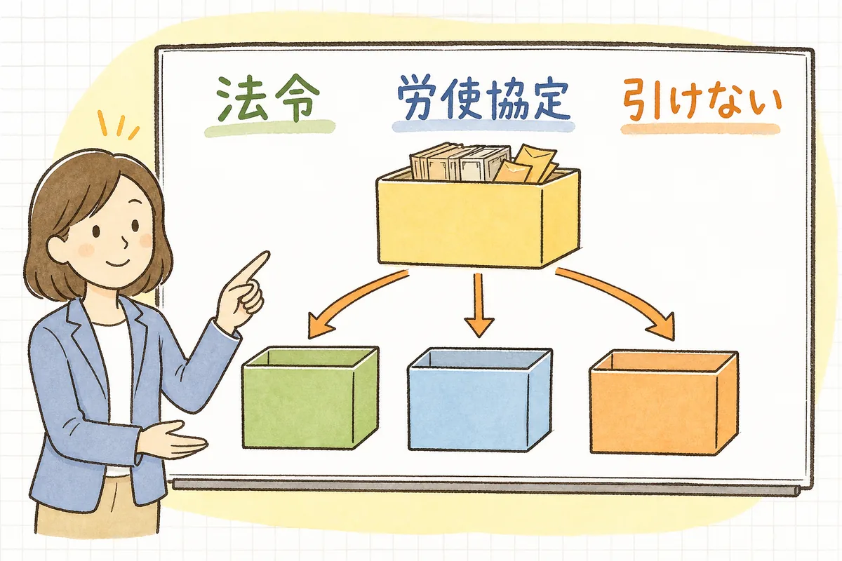 給与からの控除を「法令で決まっているもの」「労使協定が必要なもの」「協定がないと引けないもの」の3つに仕分けた概念図