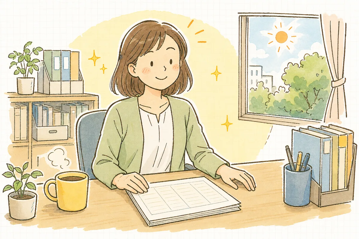 控除の根拠を整理し終えて、肩の力が抜けて穏やかにほほえむ労務担当者