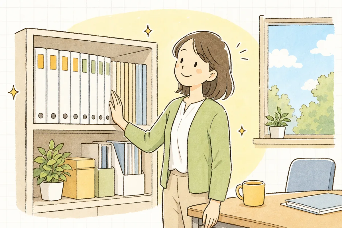 就業規則の本則と賃金・退職金の別冊をきれいにそろえて棚に並べ終え、肩の力が抜けて穏やかにほほえむ労務担当者