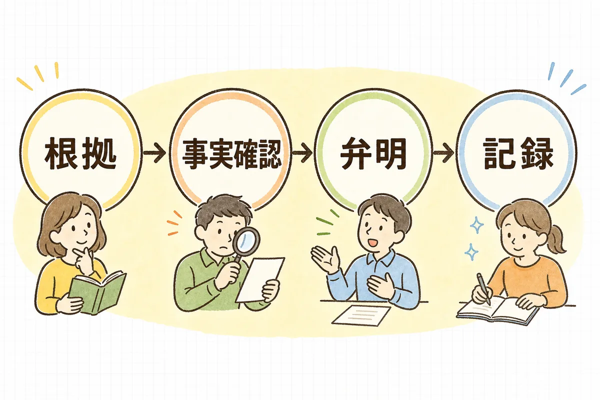 懲戒処分を検討するときの手順を、根拠の確認・事実確認・弁明・記録の順で左から右へ並べた流れ図