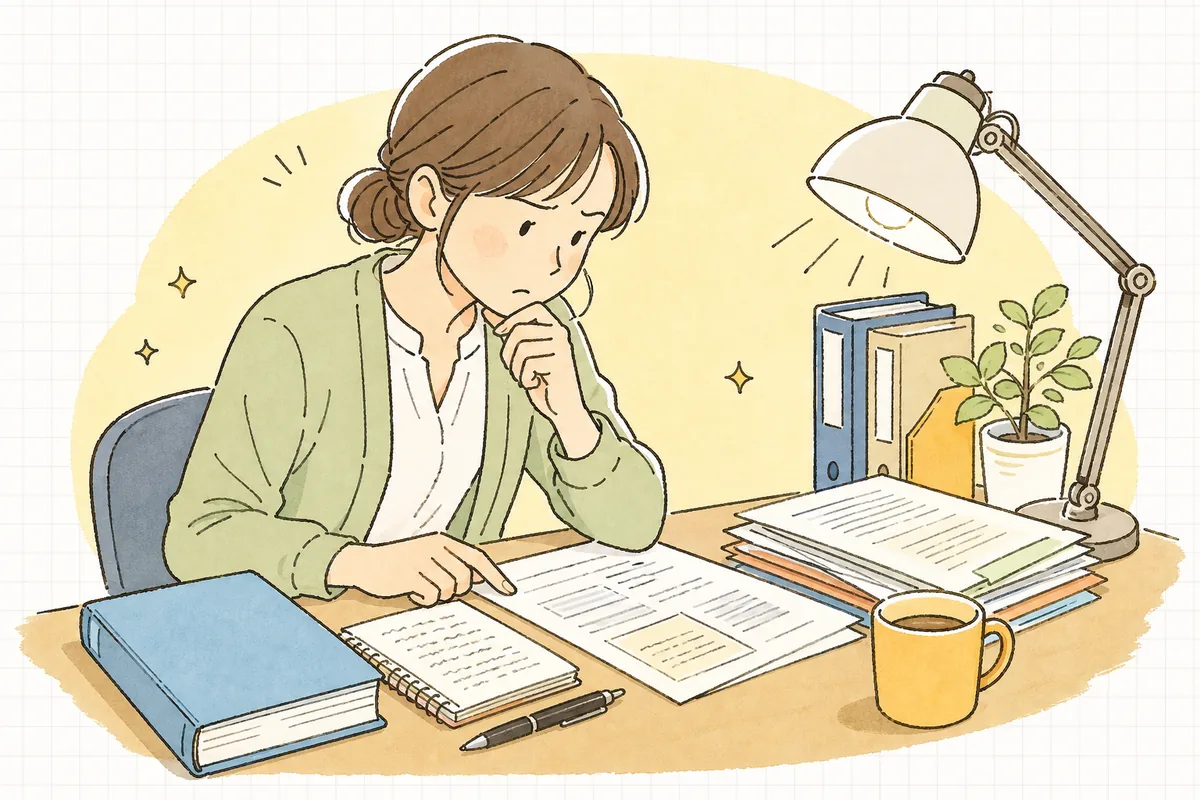 夜の事務所で、問題行動の記録と就業規則を机に並べ、懲戒処分をどう進めるべきか静かに考え込んでいる中小企業のひとり労務担当者