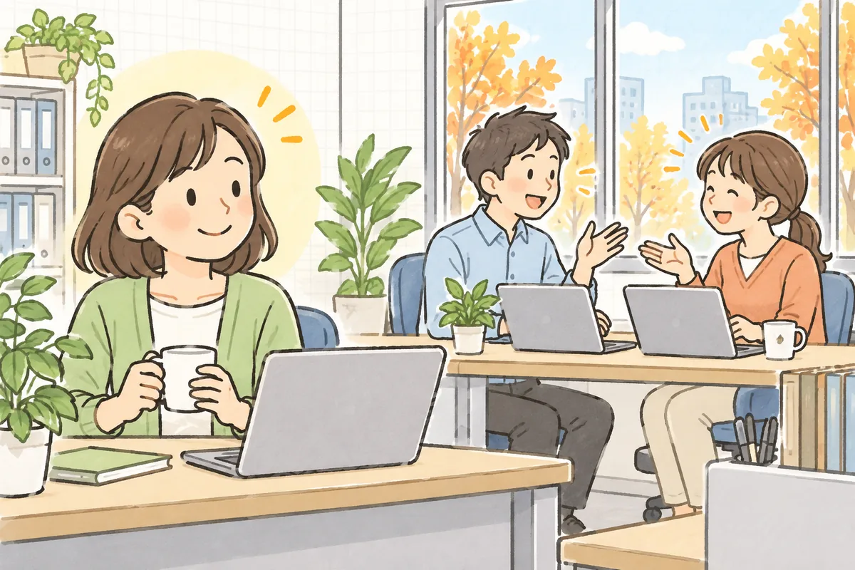 再入社した社員が新しい机で同僚と笑顔で話し、その様子を労務担当者がほっとした表情で見守っている明るい事務所