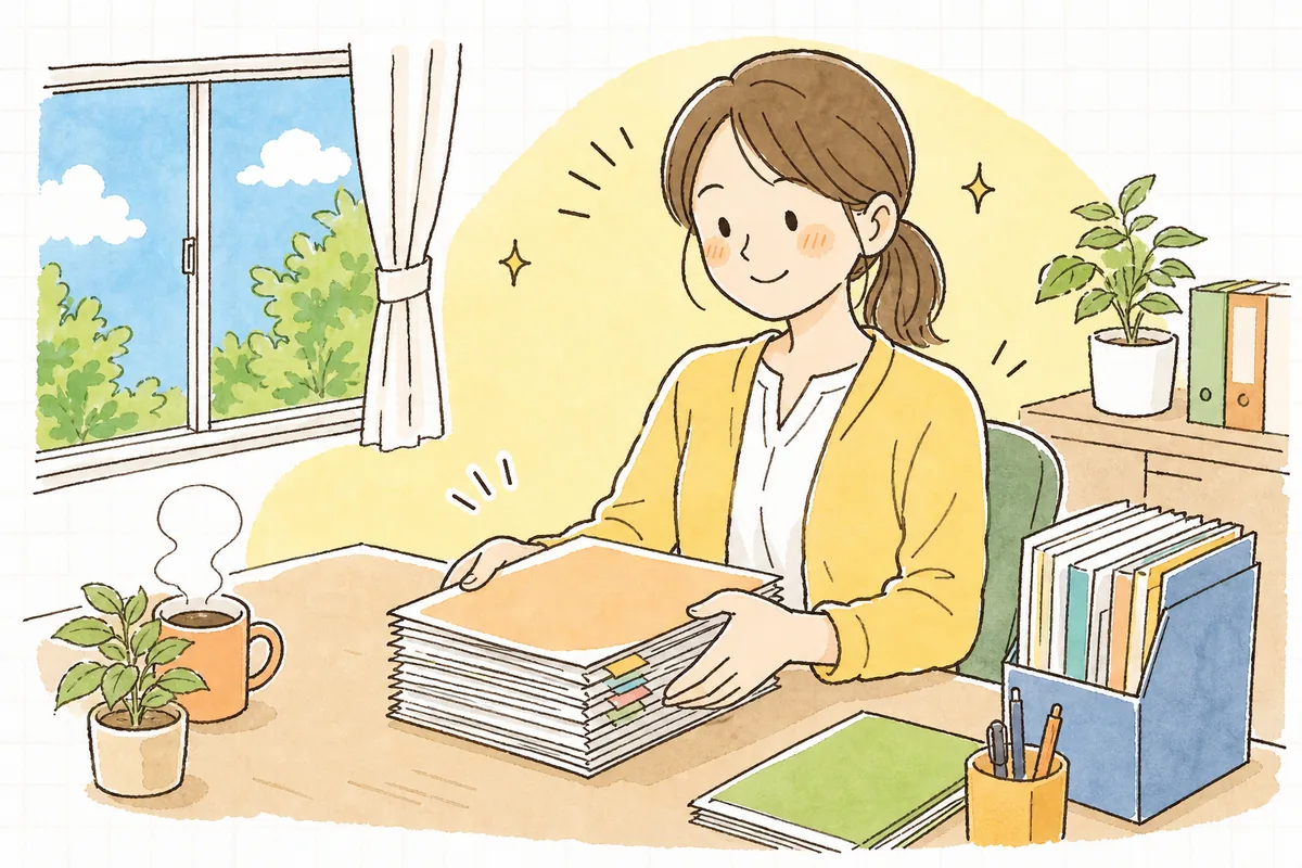 同月得喪の手続きの見通しが立ち、書類を整えて穏やかに前を向いている中小企業のひとり労務担当者