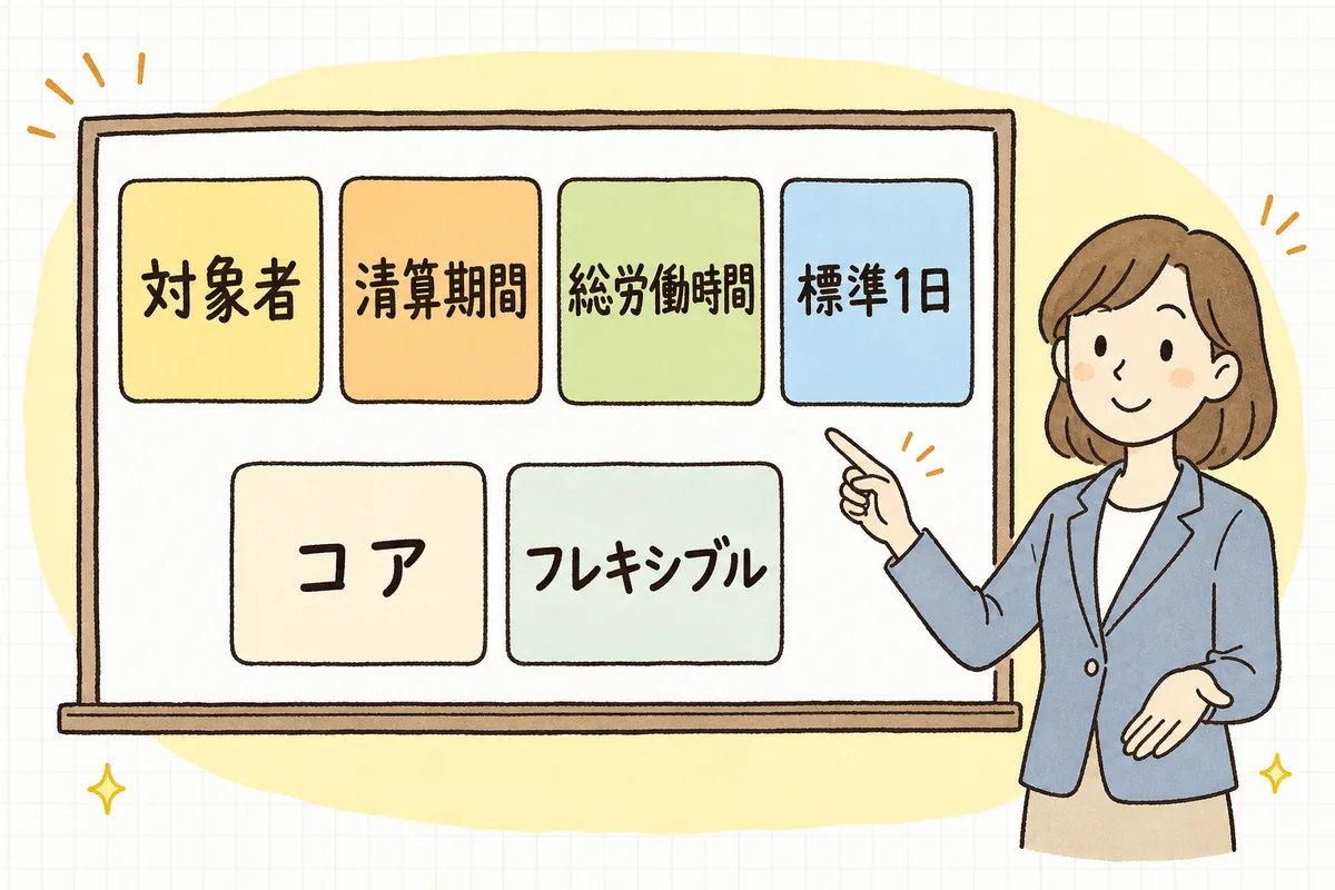 フレックスタイム制の労使協定で必ず定める4つの事項(対象者・清算期間・総労働時間・標準1日)が並び、その下に任意で定めるコアタイムとフレキシブルタイムが続くことを示した図