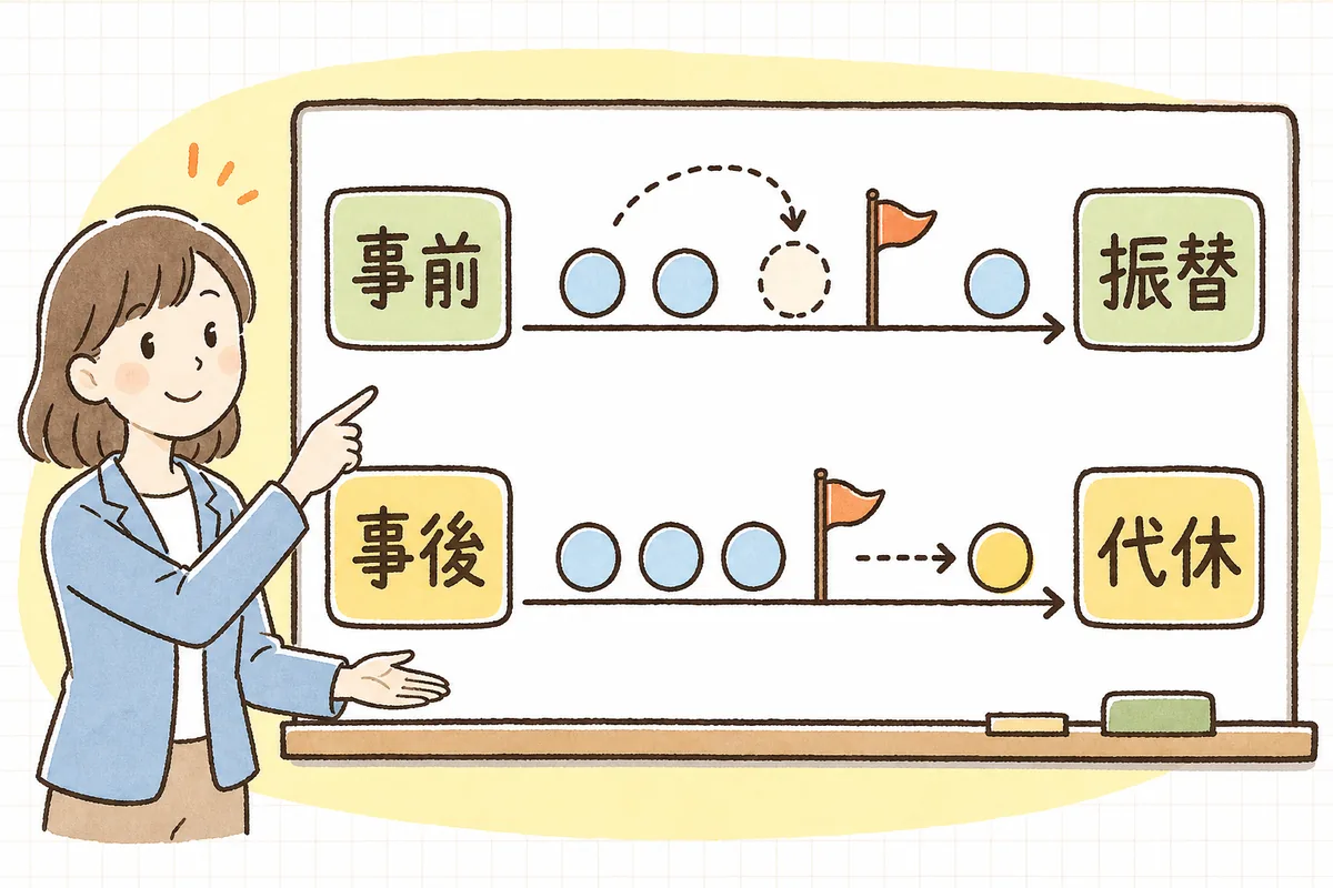 振替休日は出勤の前に休みを入れ替え、代休は出勤のあとに休みを渡すという、時間の順番の違いを左右に並べて示した概念図