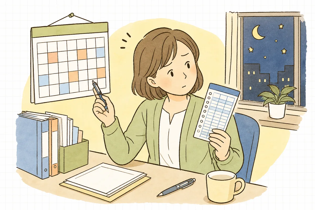 カレンダーとタイムカードを見比べながら、休日に出勤した社員の扱いが振替か代休かを静かに確認している中小企業のひとり労務担当者