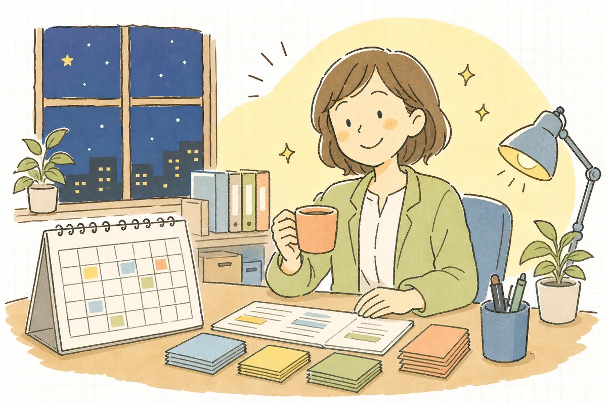 休日出勤の扱いを整理し終え、カレンダーとメモを前に肩の力が抜けて穏やかにほほえむ労務担当者