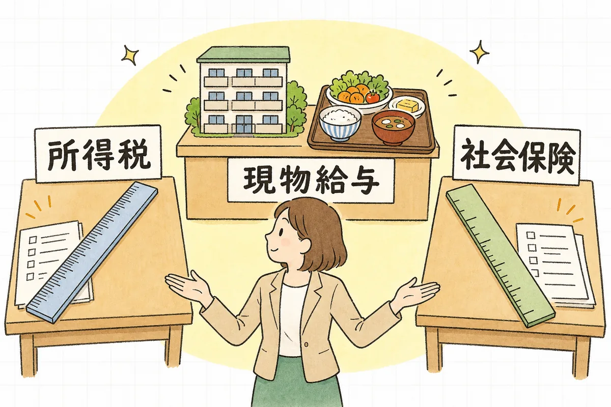 同じ社宅・食事の現物給与を、所得税と社会保険という2つの別々のものさしで判定することを表す概念図