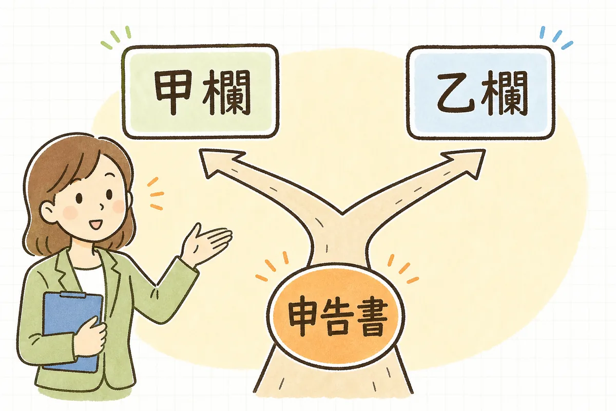 扶養控除等申告書を会社に提出しているかどうかで、甲欄か乙欄かに分かれることを示した分岐の概念図