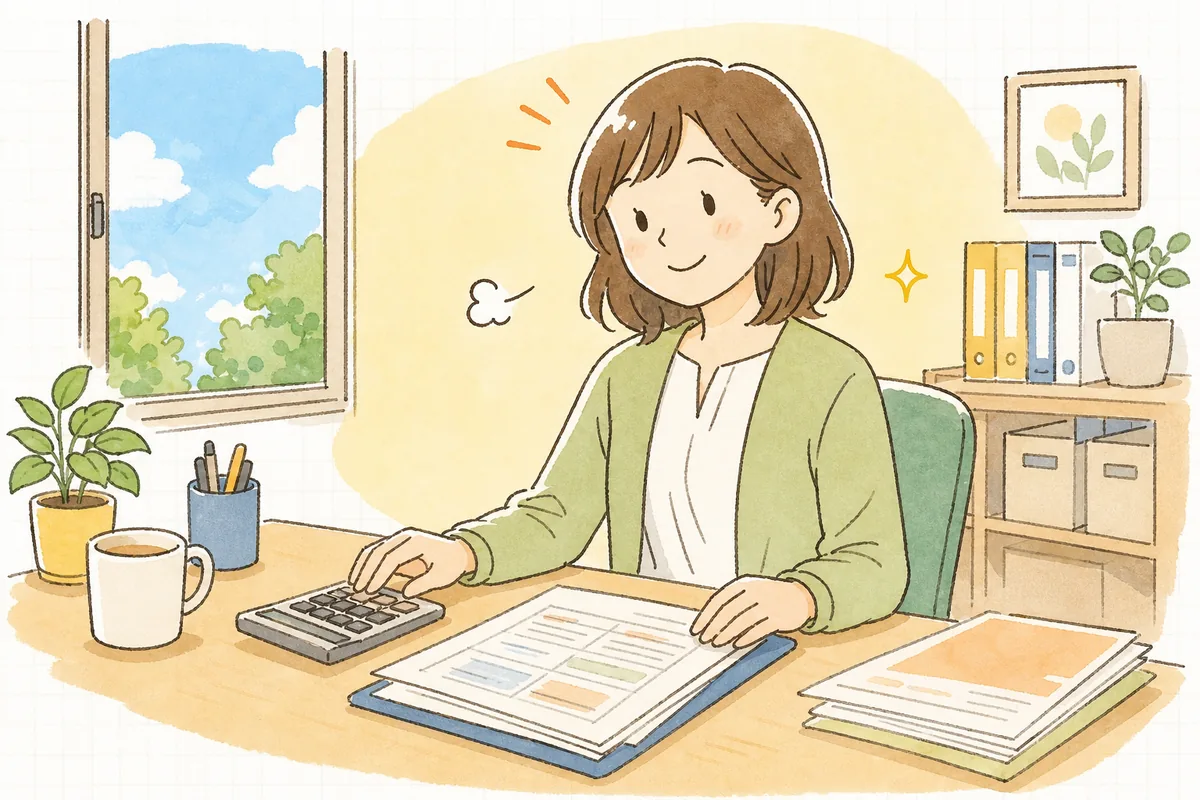 源泉所得税の確認を終え、整理された給与計算の資料を前に肩の力が抜けて穏やかにほほえむ労務担当者