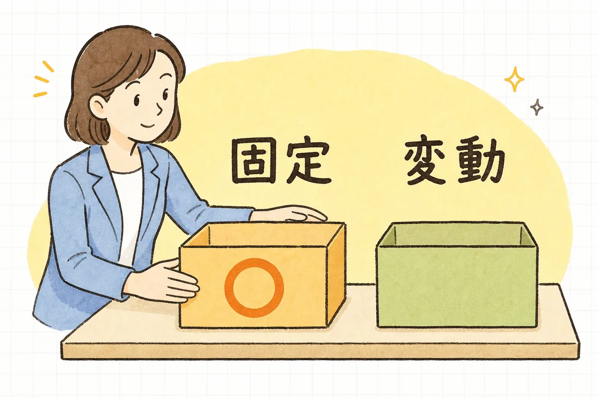 固定的賃金に含まれるもの（基本給・役職手当・通勤手当など）と含まれないもの（残業代・賞与など）を左右に分けて示した概念図