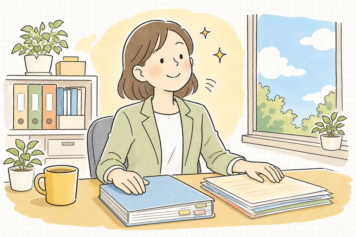 月額変更届の判定を終え、整理された給与台帳を前に肩の力が抜けて穏やかにほほえむ労務担当者