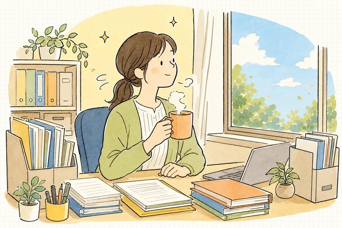 相談窓口の準備を終え、窓辺で一息つきながら、穏やかな表情で前を向いている中小企業のひとり労務担当者