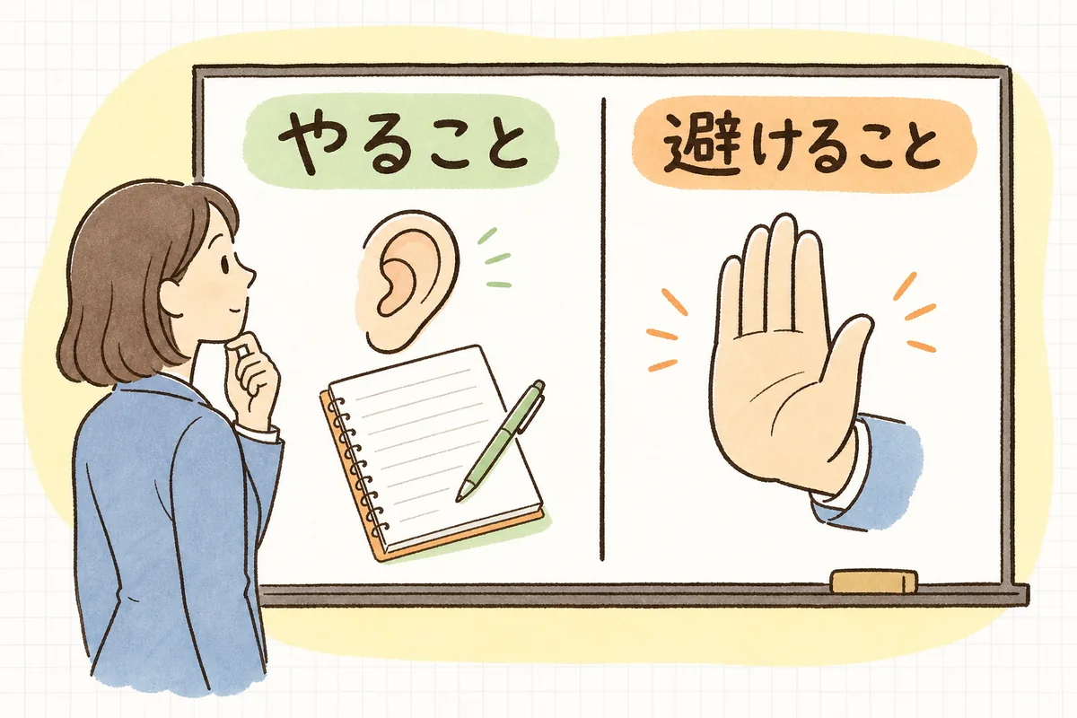 ハラスメント相談の初期対応で「やること」と「避けること」を左右に並べて対比した概念図