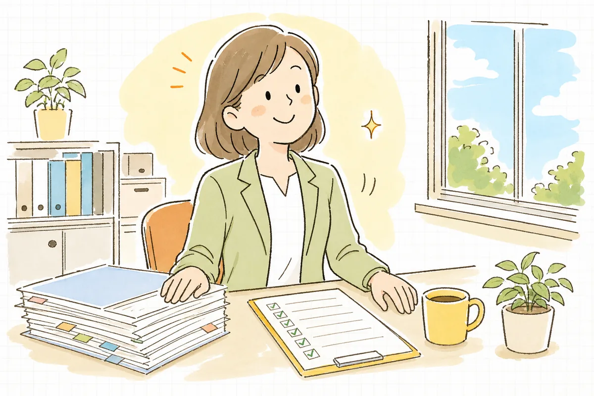 被扶養者の届出を出し終え、整理された家族の書類を前に肩の力が抜けて穏やかにほほえんでいるひとり労務担当者