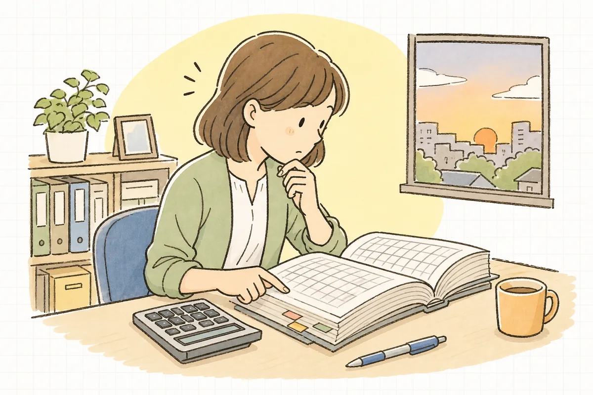 事務所の机で保険料額表と給与明細の画面を見比べながら、社会保険料の控除額を確認している中小企業のひとり労務担当者