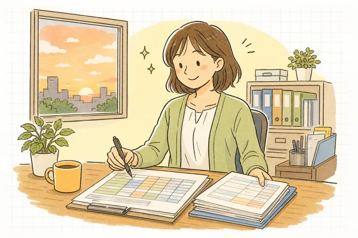 社会保険料の控除額を確認し終えて、肩の力が抜けて穏やかにほほえむ労務担当者