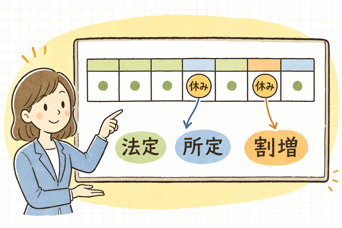 週の休みを法定休日と所定休日の2種類に分け、それぞれ休日出勤したときの割増が35%と25%に分かれることを示した概念図