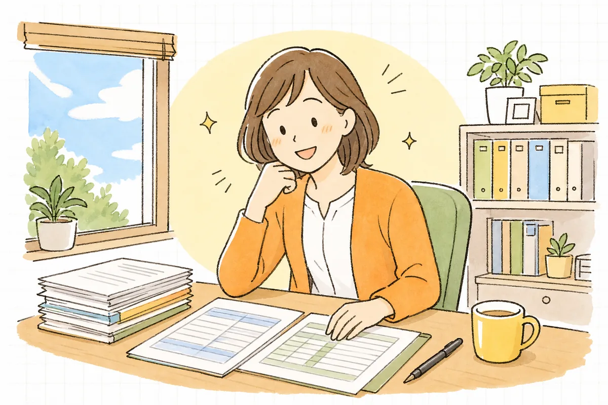 標準報酬月額のしくみを理解して、給与明細と社会保険料の表を前に肩の力が抜けて穏やかにほほえむ労務担当者