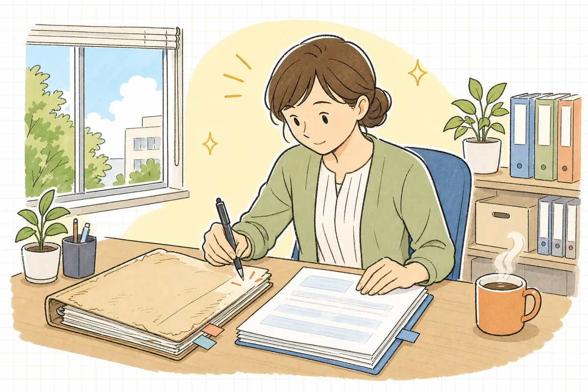 数年前のままの育児・介護休業規程を開き、厚生労働省の最新の規定例と見比べながら、どこを直せばいいか落ち着いて確認している中小企業のひとり労務担当者