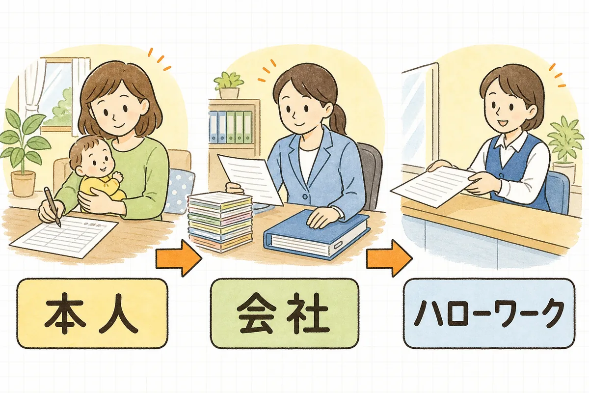 育児休業給付金の手続きを、本人・会社・ハローワークの3者で分担する流れを左から右へ示した概念図