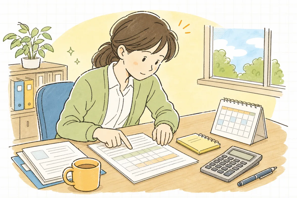 事務所の机で、産休・育休の申出書と休業開始日を書いたメモを見ながら社会保険料の免除期間を確認している中小企業のひとり労務担当者