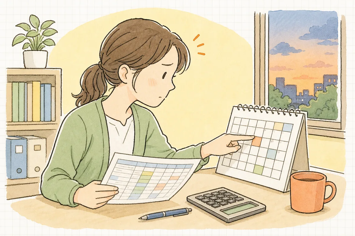 事務所の机で勤怠の集計表とカレンダーを見比べ、今月の残業時間が上限に近づいていないかを静かに確認している中小企業のひとり労務担当者