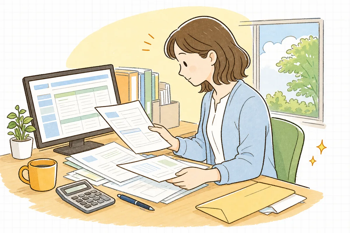 事務所の机で市区町村から届いた住民税の特別徴収税額通知書を開き、各人の毎月の税額を給与計算の画面と見比べて確認している中小企業のひとり労務担当者