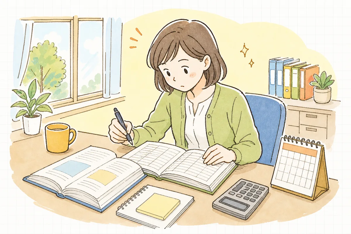 事務所の机で労働基準法の資料と平均賃金の計算メモ、カレンダー、電卓を広げ、解雇の手続きを慎重に確認している中小企業のひとり労務担当者