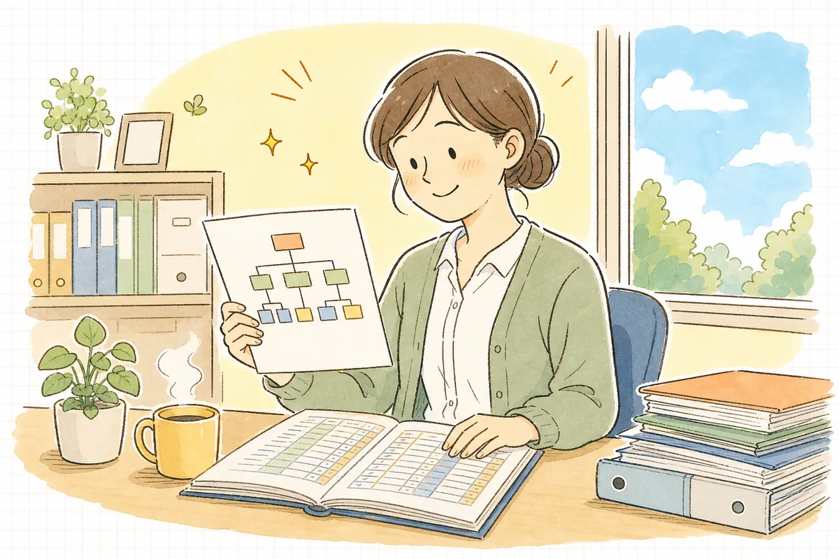 管理監督者の判断ポイントを確認し終え、給与計算に安心して向き合える表情で前を向いている中小企業のひとり労務担当者