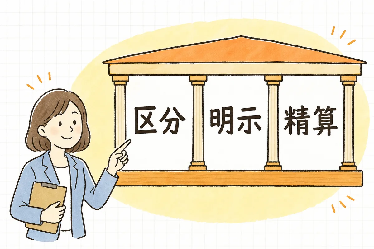 固定残業代が有効になる3つの条件を、明確な区分・時間数の明示・超過分の精算の3つに分けて整理した概念図