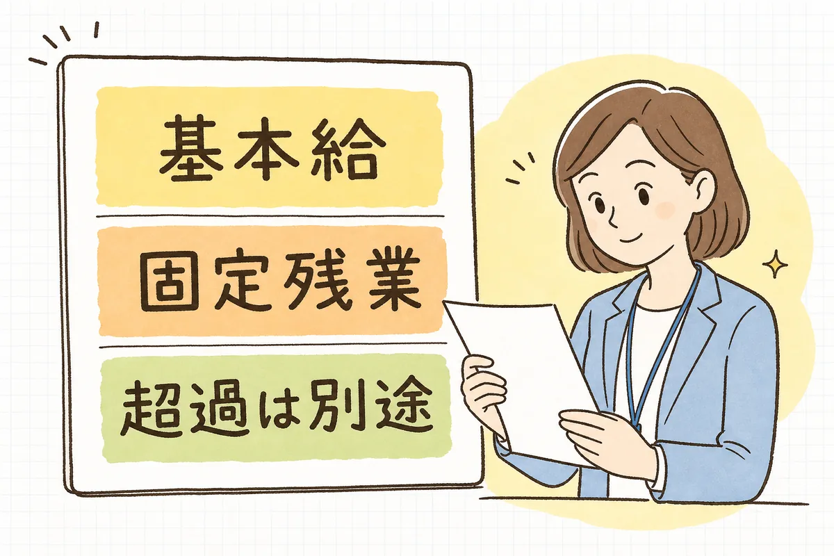雇用契約書や給与明細に、固定残業代が月何時間分でいくらかを明示する記載例のイメージ図
