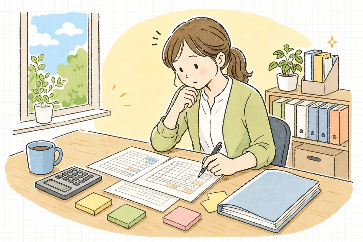 事務所の机で給与明細と就業規則、電卓を広げ、固定残業代で残業代が足りているかを落ち着いて確認している中小企業のひとり労務担当者