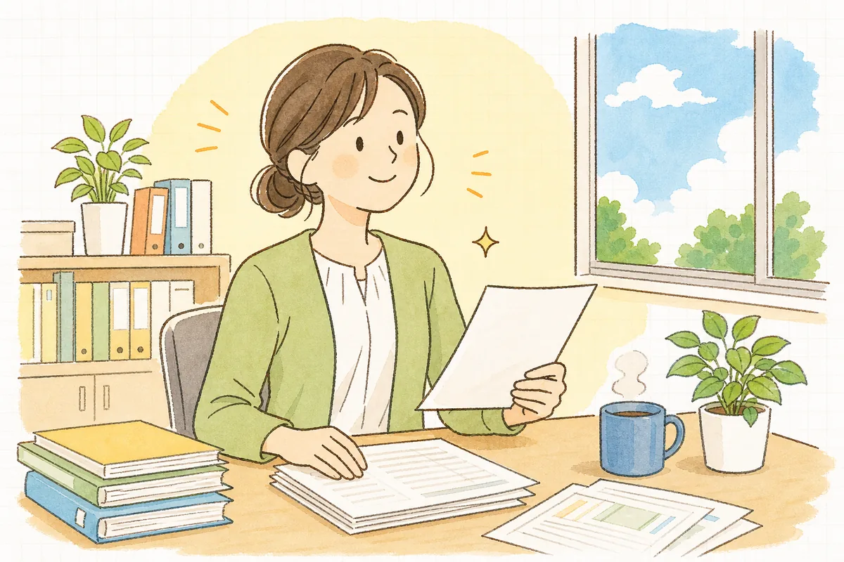 固定残業代の3条件を確認し終え、給与計算に安心して向き合える表情で前を向いている中小企業のひとり労務担当者