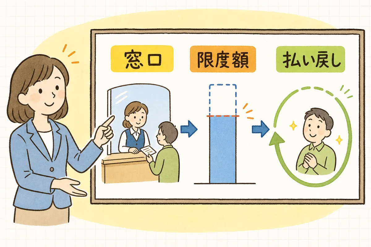 医療機関の窓口での支払いが自己負担限度額までで止まり、超えた分は健康保険から払い戻されるしくみを示した概念図