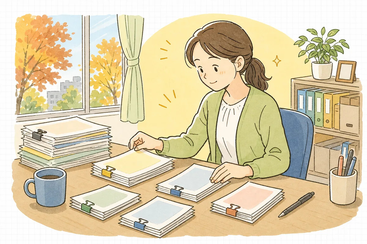 秋の事務所で、扶養控除等申告書や保険料控除申告書など年末調整の控除申告書を種類ごとに並べて回収状況を確認している中小企業のひとり労務担当者