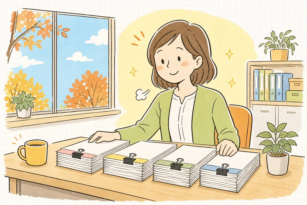 年末調整の控除申告書を種類ごとに集め終え、整理された書類の束を前に肩の力が抜けて穏やかにほほえむ中小企業のひとり労務担当者