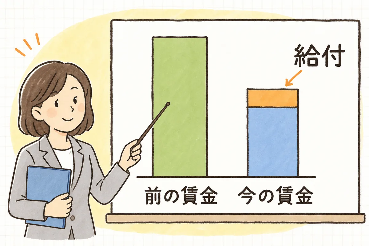 60歳前の賃金に比べて再雇用後の賃金が下がり、その差を雇用保険の給付が一部補うことを、賃金の高さの比較で示した概念図