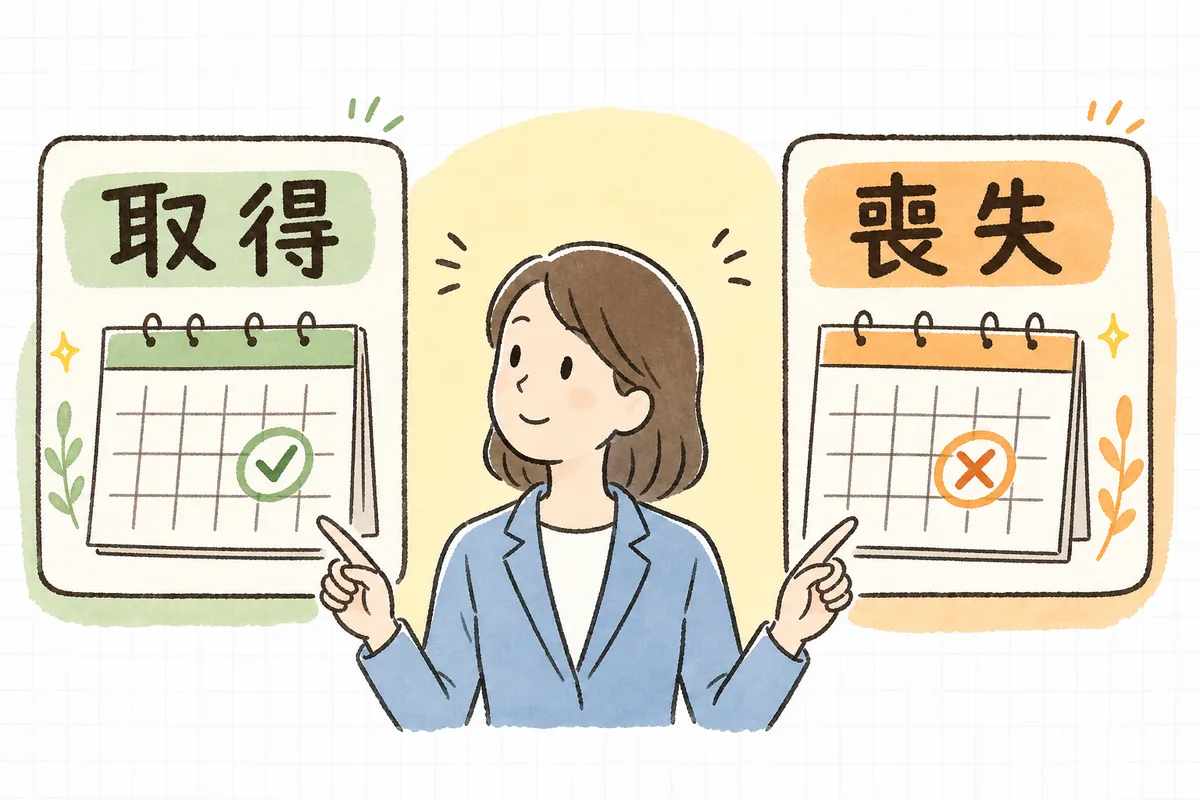 雇用保険の資格取得届は翌月10日まで、資格喪失届は離職日の翌日から10日以内という、2つの届出の提出期限の違いを左右に並べて示した概念図