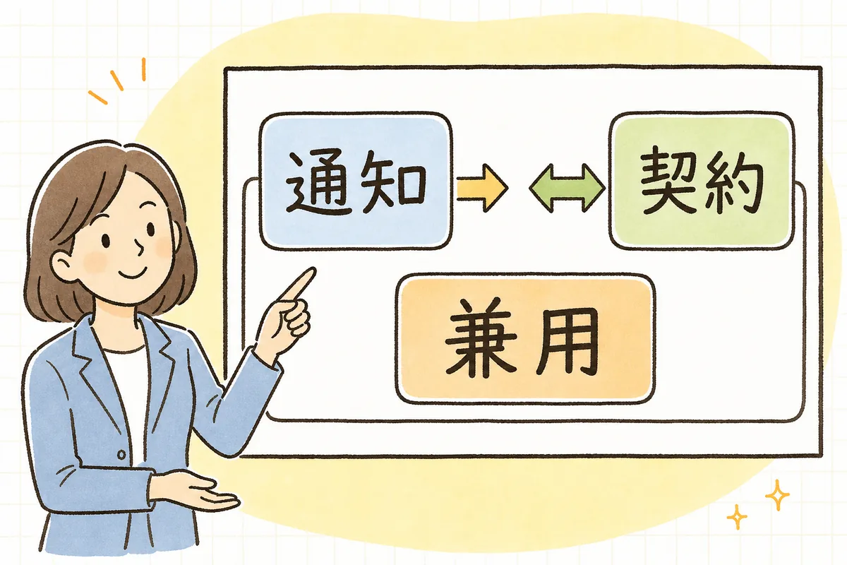 労働条件通知書は会社から本人への一方通行のお知らせ、雇用契約書は会社と本人が双方で署名する約束、その両方を1枚にまとめたものが兼用様式であることを示した関係図