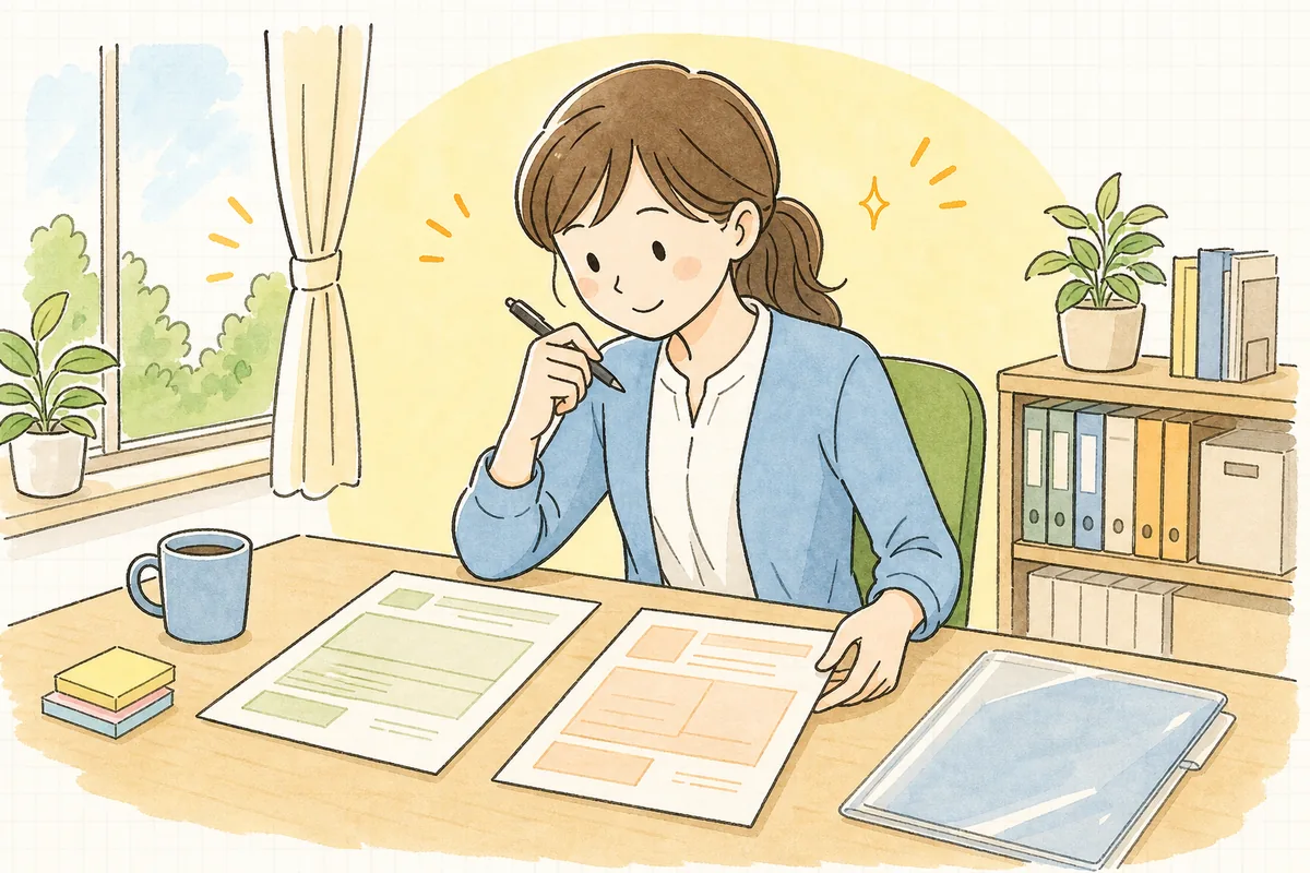 採用が決まった事務所の机で、雇用契約書と労働条件通知書の2枚の用紙を見比べ、どちらを渡すべきか落ち着いて考えている中小企業のひとり労務担当者