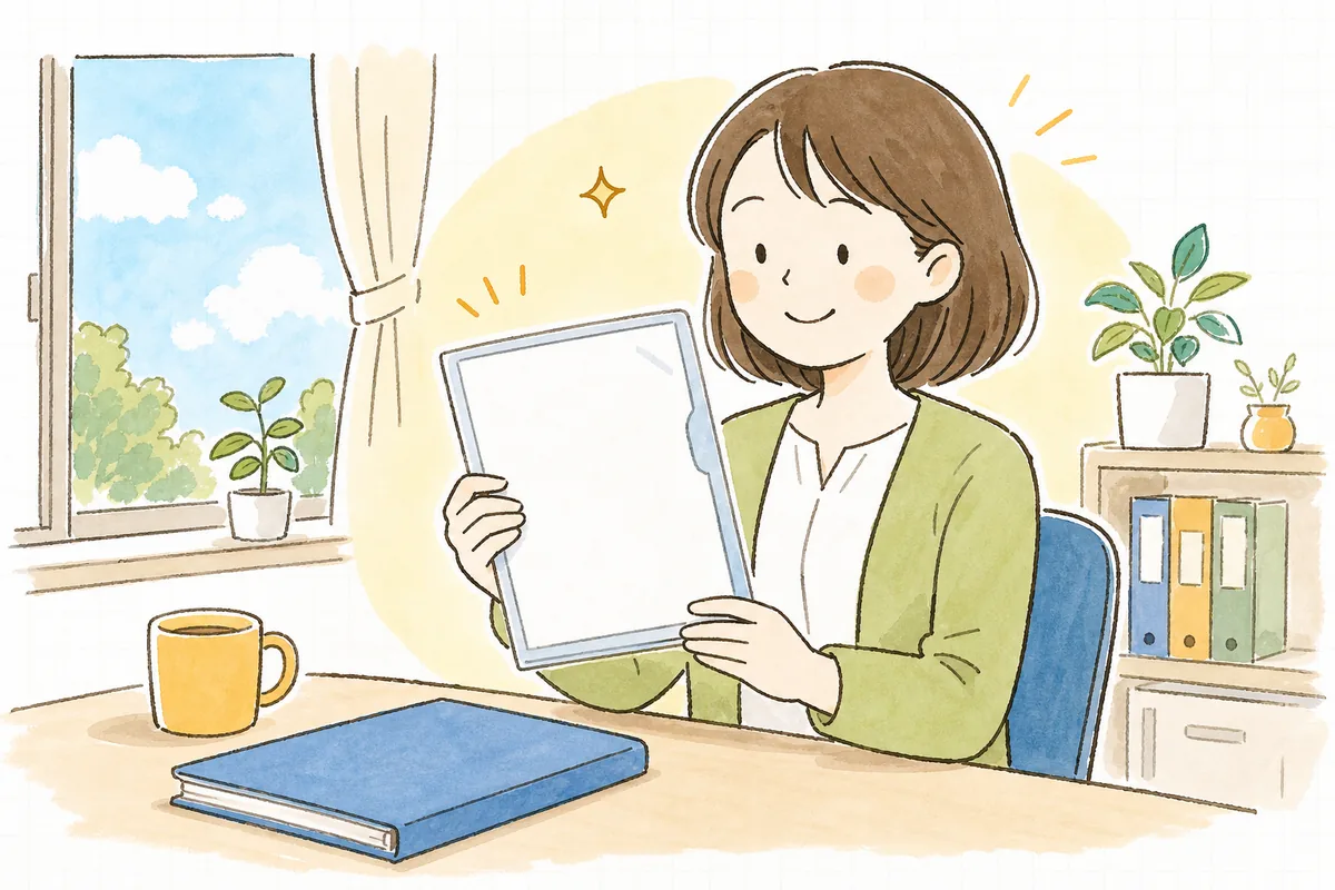 完成した雇用契約書の一体型様式をクリアファイルに整え、新しい従業員を迎える準備が整って穏やかにほほえむ中小企業のひとり労務担当者