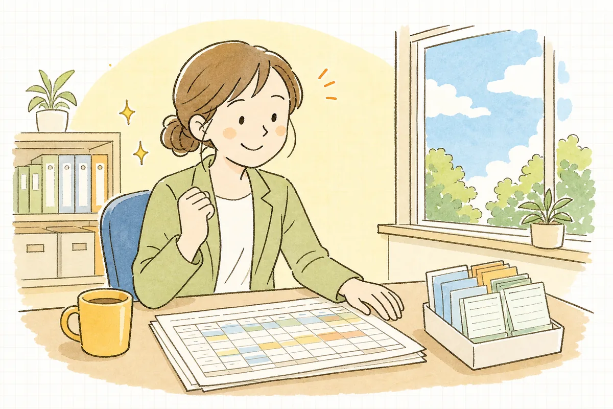 休憩のルールを確認し終えて、肩の力が抜けて穏やかにほほえむ労務担当者