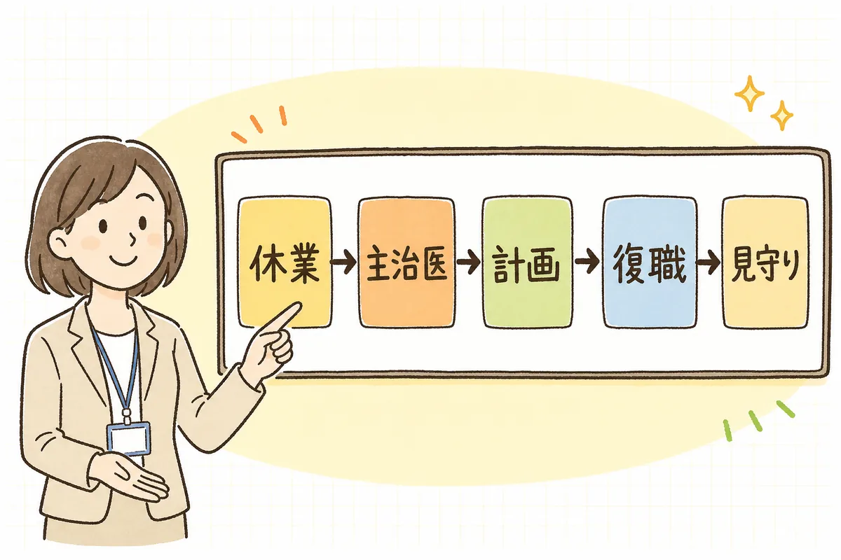 メンタル不調による休職から復職までを、休業開始・主治医の判断・復職可否とプラン・復職決定・フォローアップの5つのステップに分けて並べた流れ図