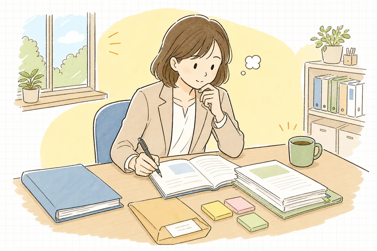 事務所の机で休職と復職支援に関する資料と就業規則、主治医の診断書を広げ、これから何をすべきか落ち着いて順番を整理している中小企業のひとり労務担当者