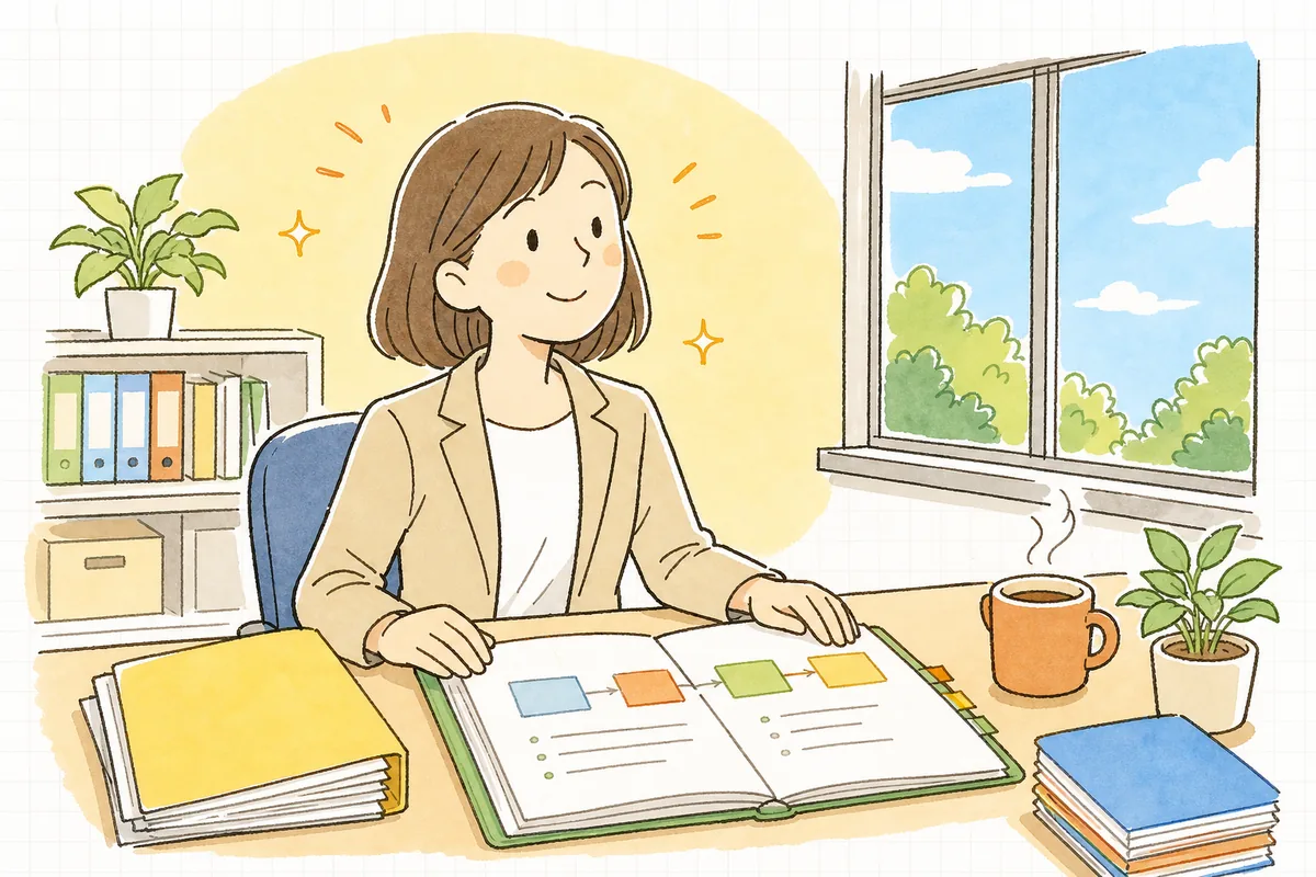 休職と復職支援の流れを整え終え、戻ってきた同僚を穏やかに見守るような、あたたかい表情で前を向いている中小企業のひとり労務担当者