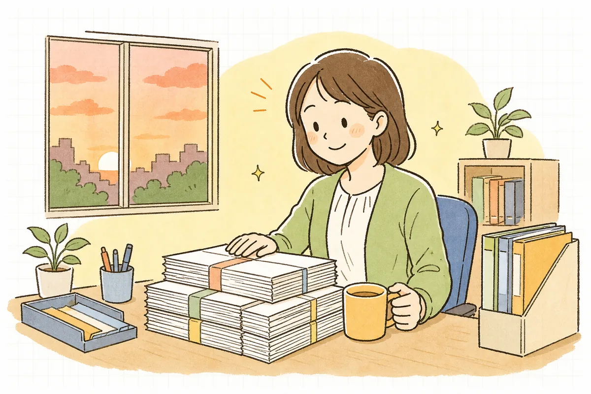 給与計算を終えて明細を整え、肩の力が抜けて穏やかにほほえむ労務担当者