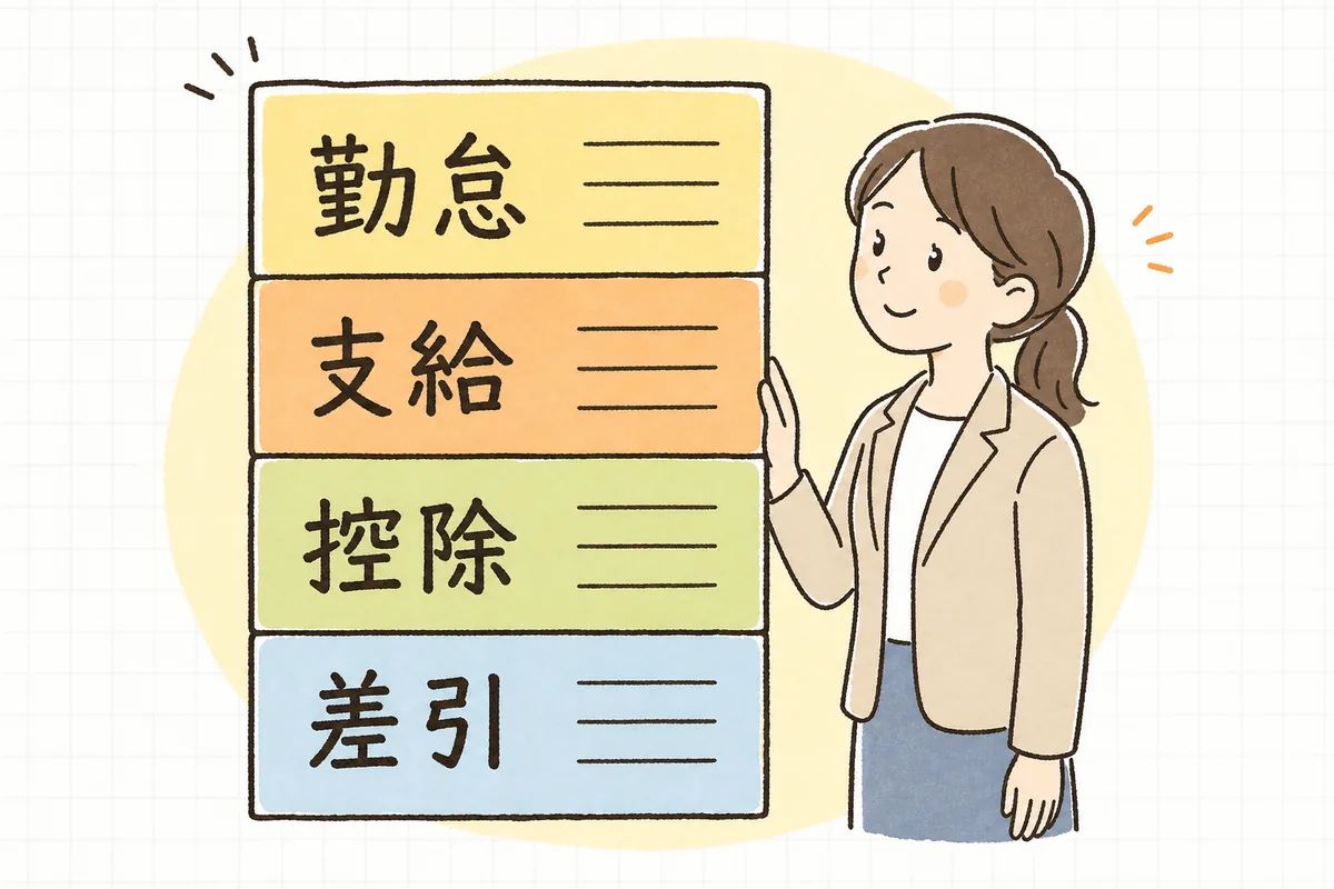 給与明細が「勤怠」「支給」「控除」「差引支給」の4つのブロックを上から積み重ねた構造でできていることを示した概念図