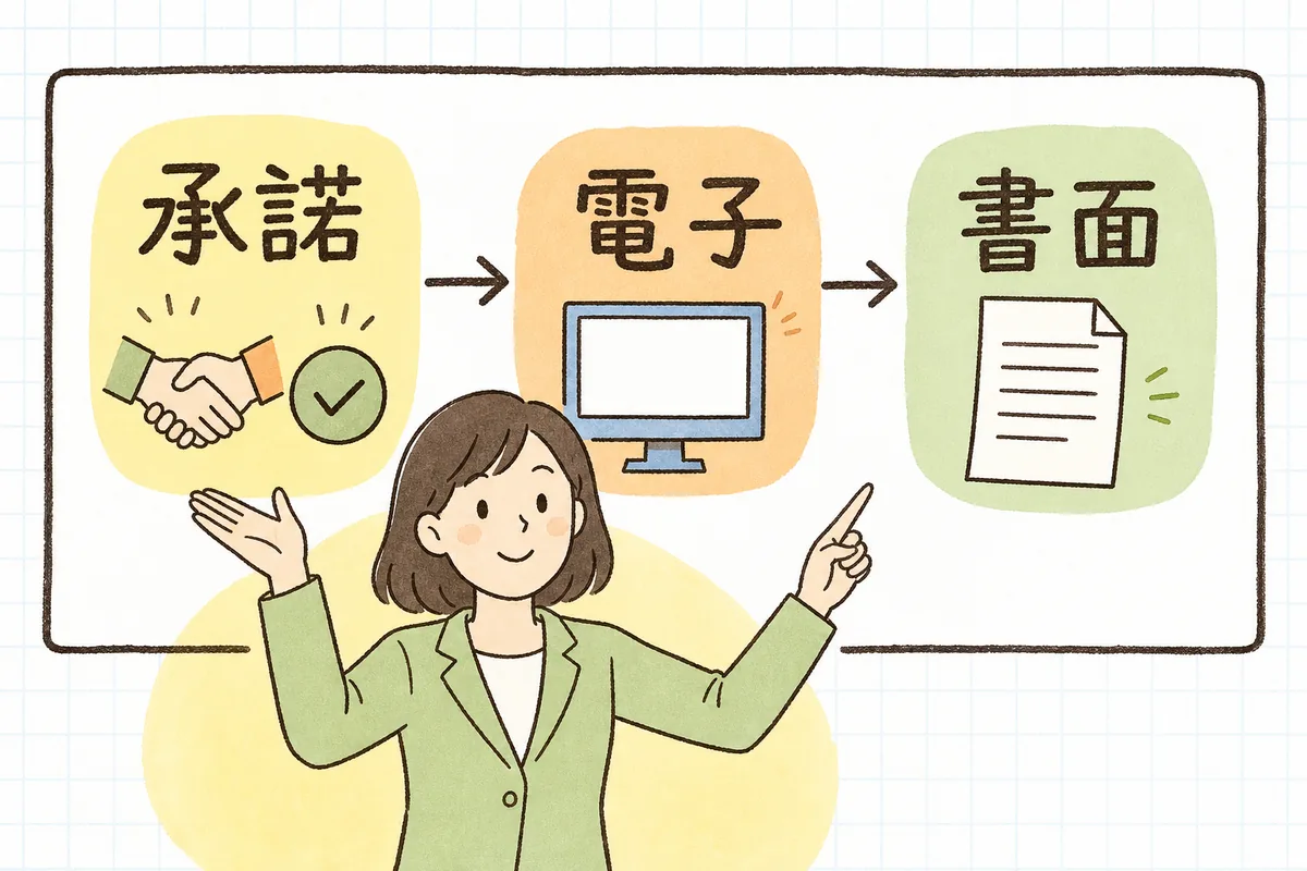 給与明細の電子交付が「本人の承諾を得る」「電子で届ける」「求められたら書面も渡す」の3ステップで進む流れを示した概念図